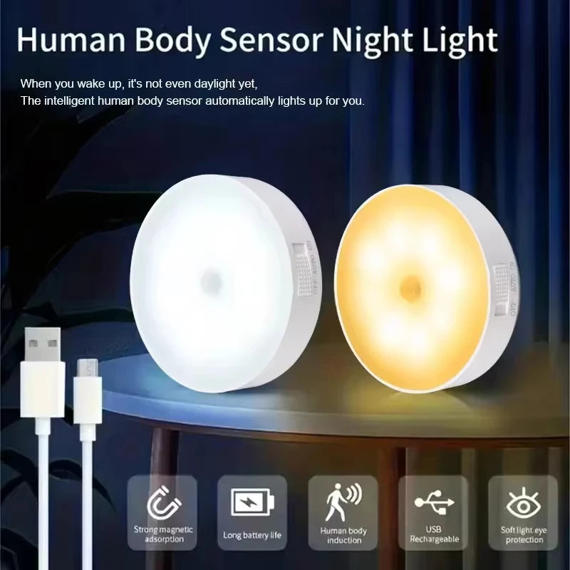 Lampka nocna LED z czujnikiem ruchu, ładowana przez USB, do kuchni, sypialni, schodów, przedpokoju, szafki, garderoby – energooszczędna